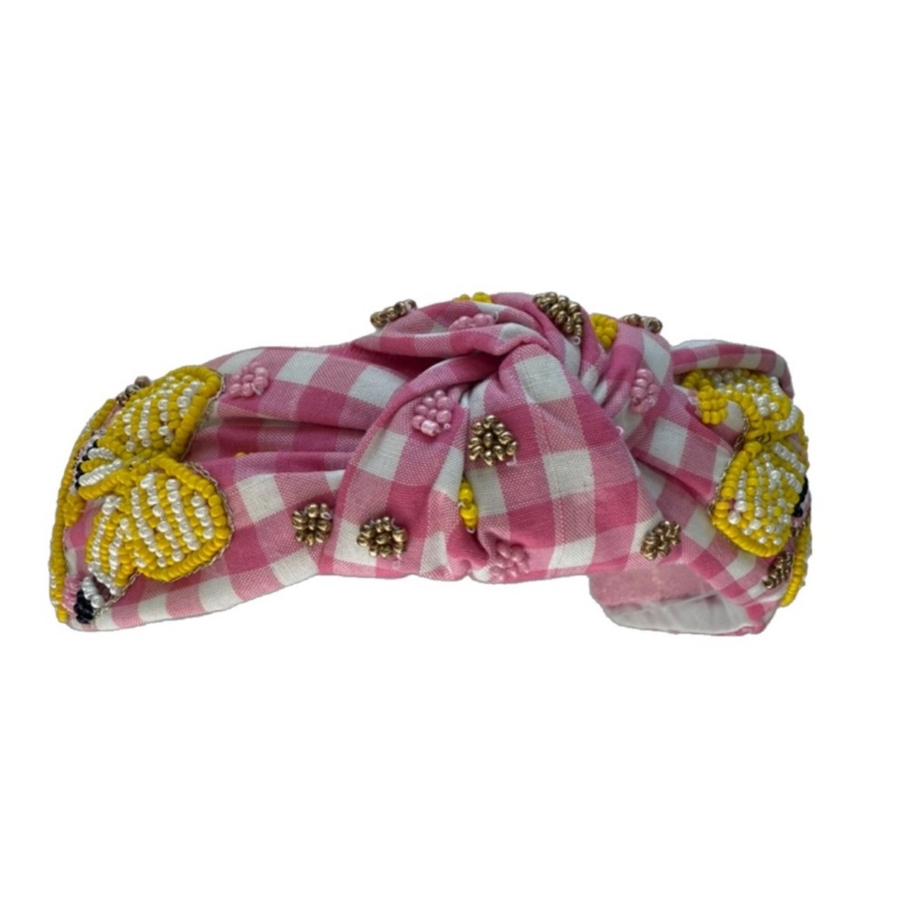 207. NEW Back To School Gingham Pink Pencil Bow Beaded Headband - Picture 2 of 2